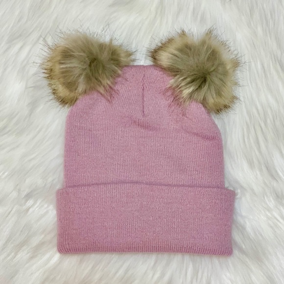 Pink Double Pom Faux Fur Knitted Beanie Hat - Picture 2 of 3